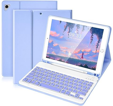 SOPPY Bluetooth Keyboard Case for iPad 6th/5th Gen (2017-2018), iPad Pro 9.7, iPad Air 1-2, Detachable Wireless Keyboard with Pencil Holder, Slim Protective Cover, USB-C Rechargeable, Purple