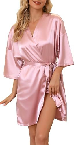 Vlazom Kimono Femme Court Légère en Satin, Peignoir Robe de Chambre Mariage avec Poches et Ceinture, XXL, C-Rose