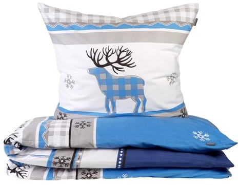 Schiesser Feinbiber Bettwäsche Set Verda aus weicher, wärmender Baumwolle, Farbe:Blau und Grau, Größe:155 cm x 220 cm