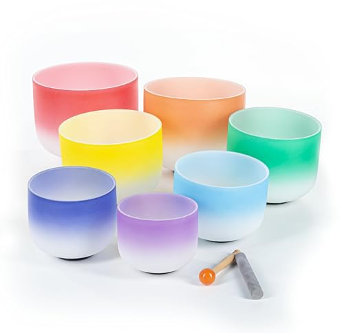 Fame 7pc Crystal Singing Bowl Set, Quartz Therapeutic Sound, 14 to 8, Red, Orange, Yellow, Green, Blue, Indigo Blue, Purple