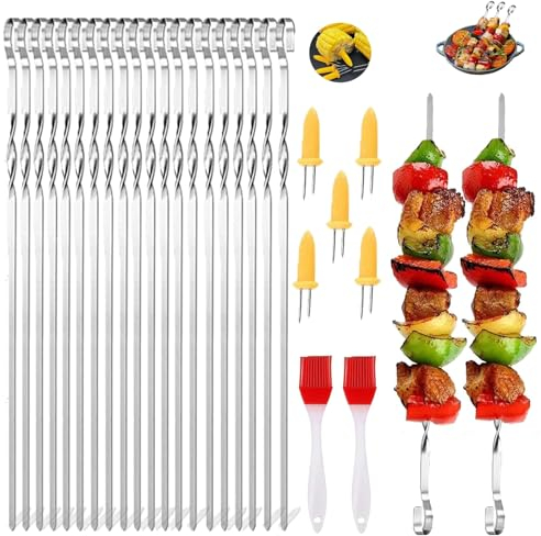 20 Pièces Brochettes pour Barbecue,Brochettes à Viande,Brochettes en Métal Plat,Brochette Barbecue Réutilisables,Apportez deux pinceaux et 5 épis de maïs,pour Barbecue, Viande, légumes