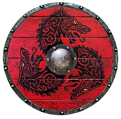 Jlobnyiun Scudo medievale in legno, per cosplay e guerrieri da combattimento, scudo da guerriero , repllica Hub Vikings, scudo pronto per la battaglia, scudo rotondo per adulti
