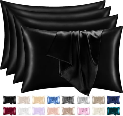 Lazzaro Satin Silk Pillowcases for Hair and Skin - Hypoallergenic Silk Pillow Cases 4 Pack with Envelope Closure - Ultrasoft Standard Size Black Silk Pillowcases (50 x 75 cm)
