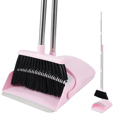 BSKLIN Broom and Dustpan Set, 52” Long Adjustable Handle Broom with Dustpan Combo Set with Dust Pan Teeth to Clean Hair for Home Lobby Office (Pink)