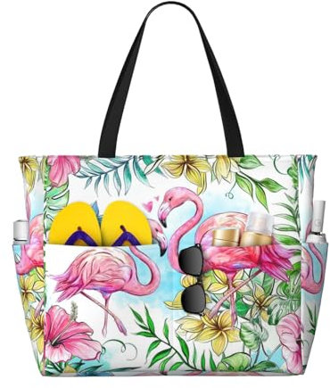YHBLYKXP Flamingo-Blumen-Druck, große Kapazität, Strandtasche, wiederverwendbare Einkaufstasche, Strandtasche, Schwarz, Einheitsgröße