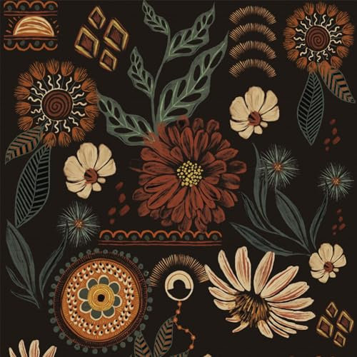 ICYEHAO Papel Pintado Flores Negro,44 x 600cm Papel Pintado Hojas Verdes Beige y Naranja Flores Plantas Boho Vinilo Adhesivo para Muebles,Armarios,Sala de Estar, Dormitorio,Baño