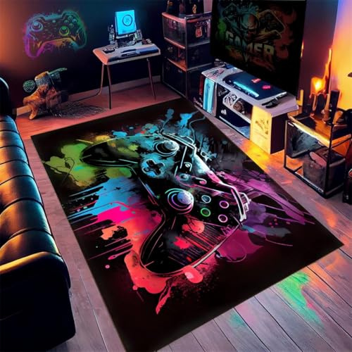 PEIHUODAN Gaming Bereich Teppich Teener Zimmer Home Decor Anime Cool Neon 3D Graffiti Gamepad Gedruckter Teppich Doppelt Gamer Spiel-Teppich Fürs Jugendzimmer Wohnzimmer Sofa Teppich (Rot,120x160cm)