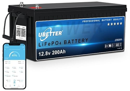 UBETTER 12V 200Ah Bluetooth Batteria Litio con BMS, 4000+ cicli profondi max. 2560W, Supporto per connessione in serie/parallelo, perfetta come fonte di energia per uso intern