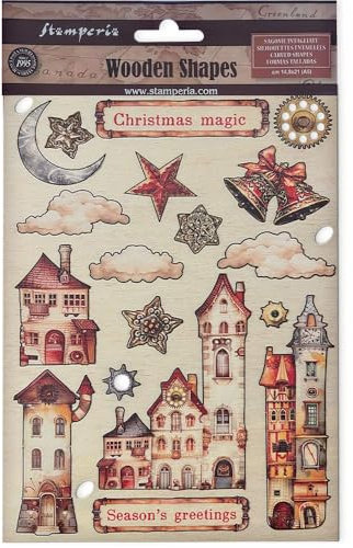 Stamperia - Coloured Wooden Shapes for Scrapbooks, Albums, Bullet Journals and More, Laser Cut, Printed for Enhanced Detail, Perfect for Crafts and Gifting (Gear up for Christmas, Cozy Houses) (A5)