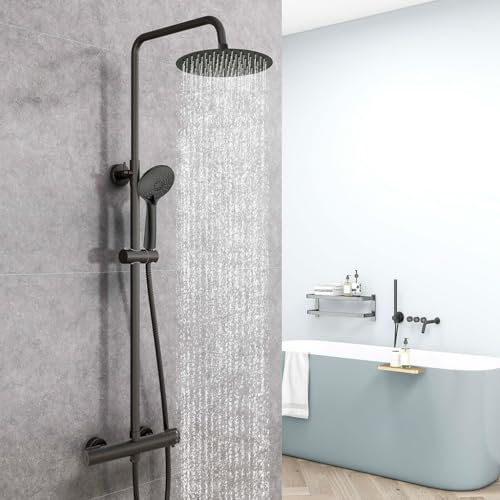 AICAIT Colonne Doccia Termostatiche, Miscelatore Termostatico Doccia con Soffione 25x25cm in Acciaio Inox, e Rubinetto 300x45mm, Altezza Regolabile 768-1200mm, Nero Opaco
