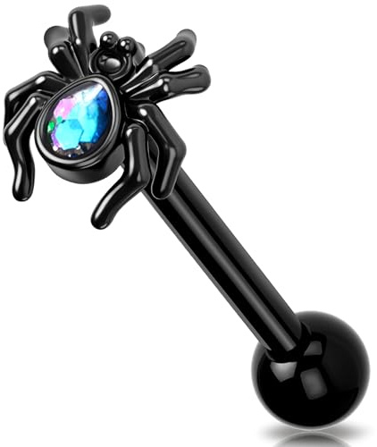 Melighting Halloween Zungenpiercing Schmuck Schwarz Zungenring Innengewinde Zungenpiercings Edelstahl Zungenpiercing 14G Fledermaus Spinne Zungenschmuck