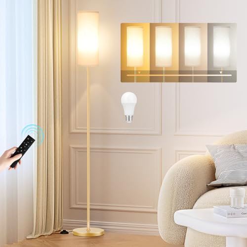 PreeOtti Lampadaire sur Pied Salon, Moderne Lampadaire à Intensité Variable avec Télécommande, 4 Températures de Couleur, Abat-jour en Lin, Lampe Vintage pour Salon Chambre Bureau (Ampoule Incluse)