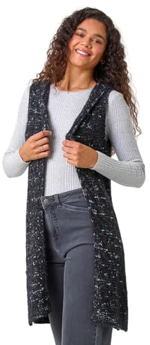 Roman Diamond Hooded Knit Gilet for Women UK - Ladies Autumn Everyday Winter Holiday Sleeveless Soft Warm Feel Comfy Fluffy Sweater Office Desk Cardigans - Black - Size 14
