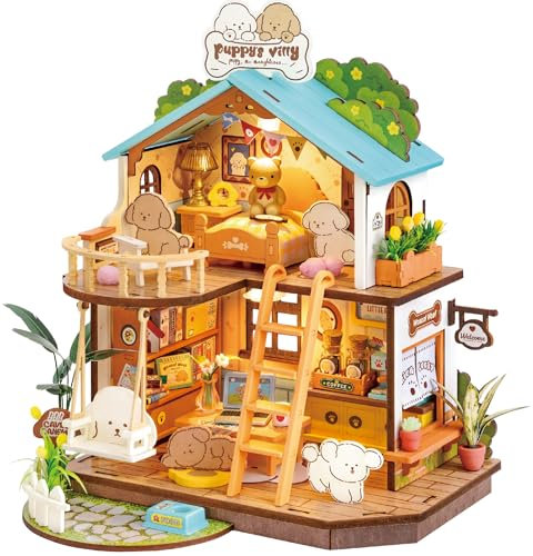 ROBOTIME DIY Miniature House in Legno Casa dei Cuccioli, Case in Miniatura da Costruire con LED per Adulti e Bambini, Regalo di Compleanno