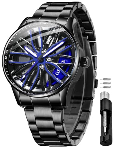 OLEVS Herrenuhren Skelettuhr Quarz Rennwagenrad Edelstahl Casual Sports Wasserdicht Leuchtend Herrenarmbanduhren