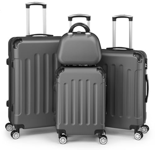 LEADZM Kofferset 4 teilig, Reisekoffer Set mit Kosmetikkoffer und Eckenschutz, Koffer Set Hartschalen-Trolley aus ABS mit Teleskopgriff, Handgepäck (Dunkelgrau)