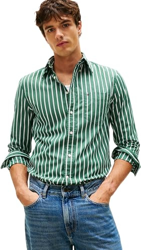 Tommy Hilfiger Men’s Flex Poplin Ground Stripe Regular Fit Shirt, Green (Ornamental Green/Stripe), S