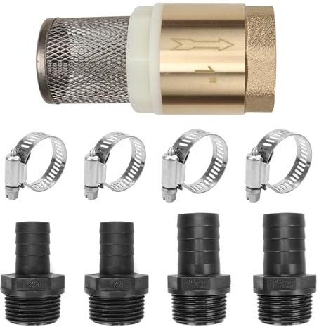 AROMUJOY Rückschlagventil 1 Zoll Messing, Saugfilter Set mit Rückflussstopp, Fußventil Federrückschlagventil mit 4 Schlauchschelle (18-32mm) und 2 Schlauchanschlüsse Ø20mm/Ø25mm, Korb aus Edelstahl