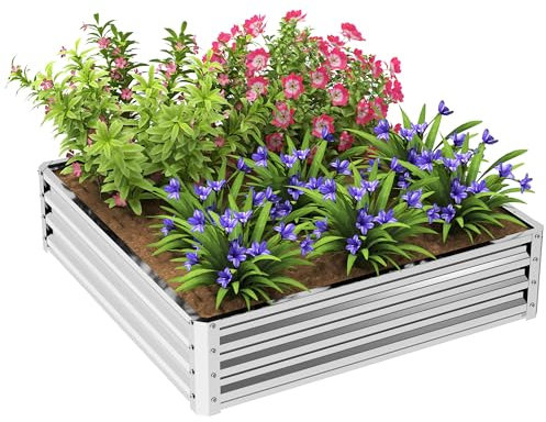 Outsunny Hochbeet, Blumenkasten, Gemüsebeet, Pflanzkasten, Kräuterbeet für Garten, Terrasse, Balkon, Stahl, Silber, 120 x 120 x 30 cm