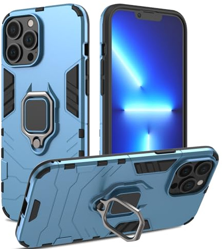 RIIMUHIR Case for iPhone 13 Pro Max, Shockproof Cover with 360° Metal Ring Stand, Anti-Scratch Hard Protective Case, Full Body Bumper Case with Camera Protection (Blue)
