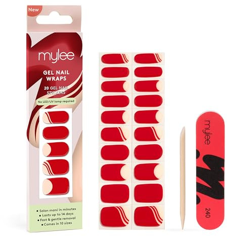 Mylee Gel Nail Wraps [Lady in Red] - 20 Pre-Cured Gel Stickers | Instant Mani, No Lamp Needed, Chip-Resistant, Glossy Finish, Lasts Up to 14 Days, Easy to Apply - Vegan & Cruelty-Free