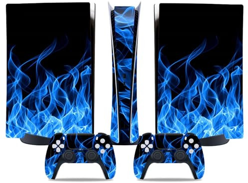 PS5 Digital Skin & Controller Decal Set-Custom Vinyl Wrap Stickers for PlayStation 5 Console & DualSense Controller-Matte Black Gaming Skins Full Cover Protection(Blue fire, PS5 Digital)