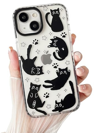 branple Compatible with iPhone 13 / iPhone 14 Case,Clear Cute Black Cat Pattern with Shockproof Slim Soft TPU Protective Phone Case for Women