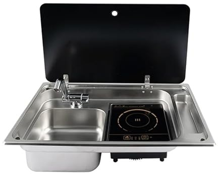 Edelstahl-Spüle, Induktionsherd, Kombi-Einheit mit Deckel aus gehärtetem Glas, für Wohnmobil, Wohnwagen, Wohnmobil, Yacht