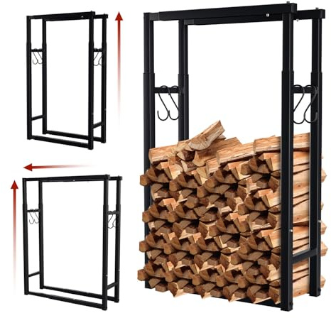 Lospitch Verstellbare Kaminholzregal, 9 Größen Einstellbar, Brennholz Holzhalter mit 4 Haken, Kaminholzständer Brennholzregal für Holzscheite Stapelhilfe, Schwarz