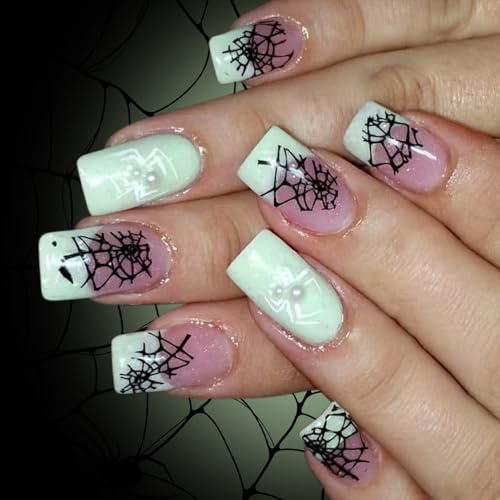 24Pieces Halloween Nails White Spiderweb Sparkling Design Stick On Artificial Nails Art Glow In Dark Faux Nail
