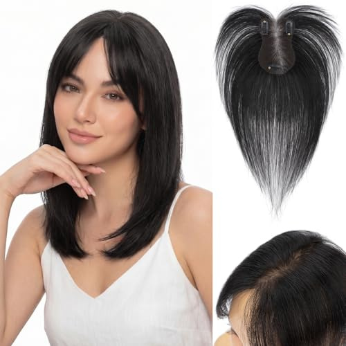 Rich Choices Haartopper Echthaar mit Pony 100% Remy Human Hair Topper Clip in Haarteil Echthaar Topper Damen für Natürlicher Oberkopf 14g #1B Schwarz Curtain Bangs