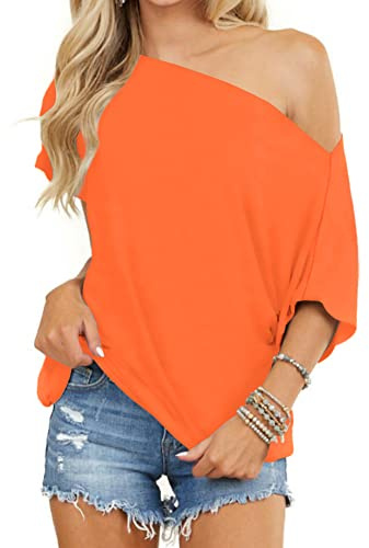 Dressmine Womens Summer Off Shoulder Top Batwing Short Sleeve Shirts Sexy Loose Button Down Blouse