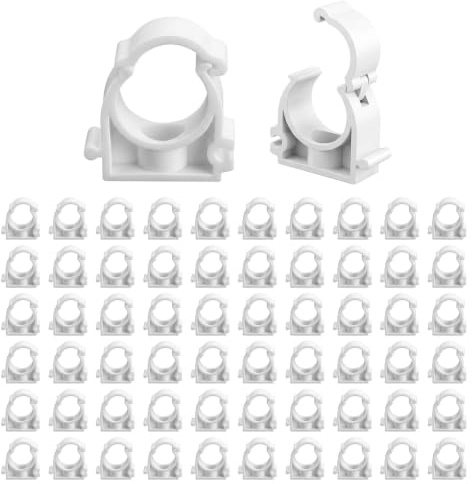 JYYWTSI 60 piezas abrazaderas de fijación diámetro interior 20 mm de plástico blanco, clips en U con cierre abatible para tubo de desagüe PVC y tubo corrugado, fijación a pared estable y ordenada