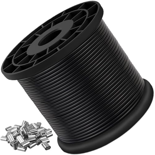 Hanured 4mm Fune in Filo Acciaio Rivestito PVC, 100M Cavo Acciaio Inox, Include 100 Manicotti in Alluminio,per tende da esterno, recinzioni, stendibiancheria, nero