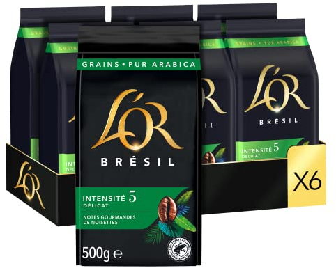 L'OR, 3Kg Café en Grains Sélection Perle du Brésil, 100% Arabica, Intensité 5, 6x500g
