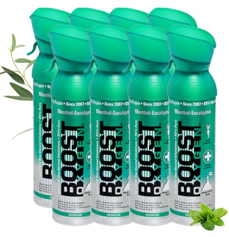 Boost Oxygen- Botella de Oxígeno Portátil- Lata de Oxigeno 95% Puro y Natural- Concentración, Recuperación, Energía, Estado de Ánimo, Mediano- 40L,8x5L (8x Envases- 800 Inhalaciones)- Mentol-Eucalipto