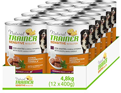 Natural Trainer Sensitive No Gluten Medium - Maxi, feuchtes Hundefutter mit Ente und Vollkornprodukten, 12 x 400 g