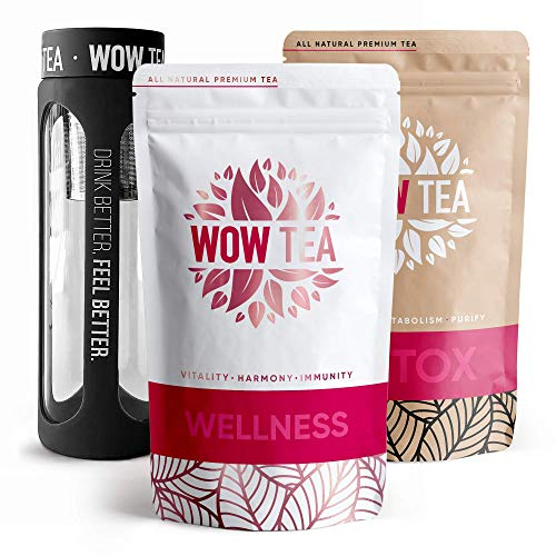 WOW TEA Еntgiftungskur Tee Set: Detox Tee | Premium Tee Set zum Abnehmen | Bester Gewichtsverlust und Detox-Grüner Tees Bio + Infuser Teeflasche | 300g, Made in EU