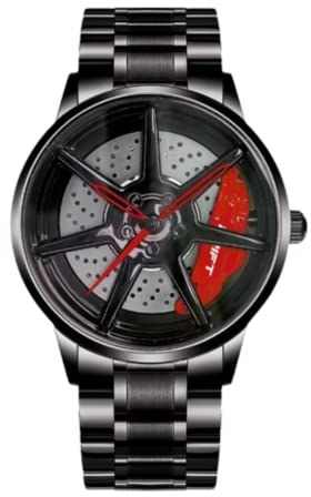 DriftElement Felgenuhr Herren - Motorsport Armbanduhr im 3D Felgendesign aus Edelstahl (Schwarz Rot)