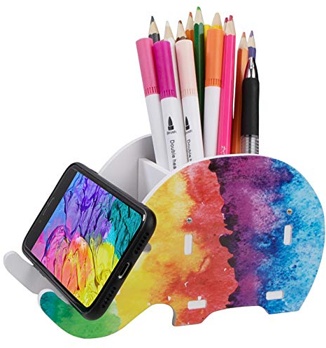 QH-Shop Pot a Crayon Bureau Éléphant Mignon Boite Rangement Stylo Bois Multifonctionnel Porte-Crayons Avec Support de Téléphone Portable Organisateur de Décoration de Bureau