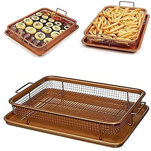Luebel® 2 Pcs Copper Crisper Non-Stick Oven Mesh Baking Tray with Elevated Mesh Crisping Grill Basket Chips Crisp Basket Tool