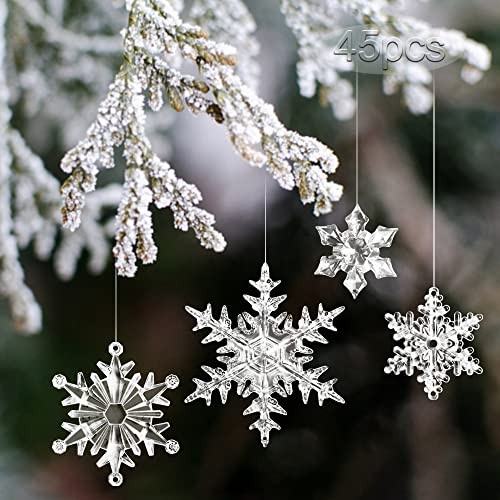 45 Stück Weihnachtsdeko Schneeflocken zum Anhänger,Acryl Schneeflockendeko Ornamente,Eiszapfen Hängen Dekoration für Weihnachtsbaumschmuck,Christbaumschmuck Fensterdeko,Winterdeko Party Snowflake