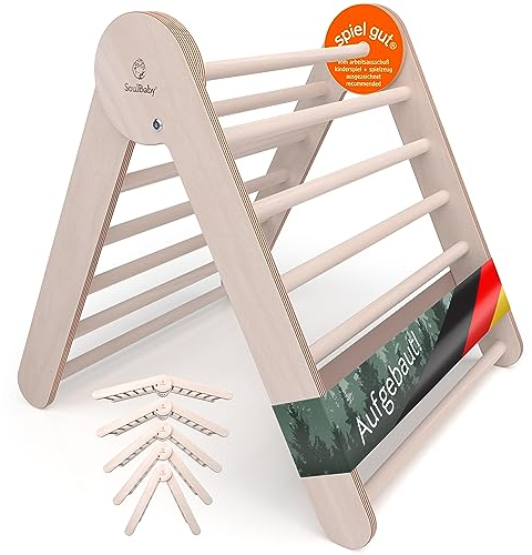 SOULBABY® Kletterdreieck aufgebaut & klappbar I 100% Black Forest Made I Pikler Dreieck für sofortigen Spaß Dank aufgebauter Lieferung I Höhenverstellbares & Sicheres Triangle Gym