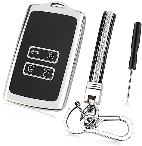 TPU Smart Key Case passend für Renault, Silikon Keyless 4-Tasten-Schlüsselanhänger, Renault-Schutzhülle für Autoschlüssel mit robustem Lederanhänger (Silber)