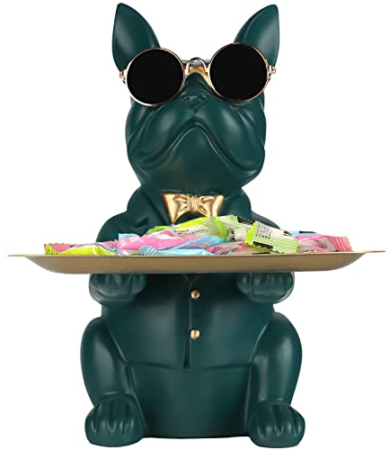 Grün Französische Bulldogge Deko Skulpturen, Schlüsselbrett mit Ablage, lustiges Sparschwein mit Schlüsselschale, Dekoschale und Deko Tablett für Wohnzimmer, Flur, Büro, Deko Wohnzimmer Modern