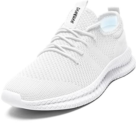 Tvtaop Mens Trainers Road Running Shoes Sneaker Gym Athletic Breathable Outdoor Sports Jogging Fitness Non Slip Lightweight Comfortable Casual Walking Shoes White 8 UK