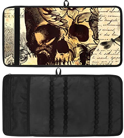 Rouleau de papier de voyage, organiseur de crayons de couleur, pour artiste, pochette à crayons, étui vintage vintage avec tête de mort sur journal