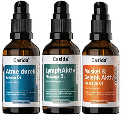 Casida® Basis Aromapflege Set - Atme durch Pflegeöl, LymphAktiv Massage Öl und Muskel & Gelenk Massage Öl in attraktiver Box - 3x 50 ml