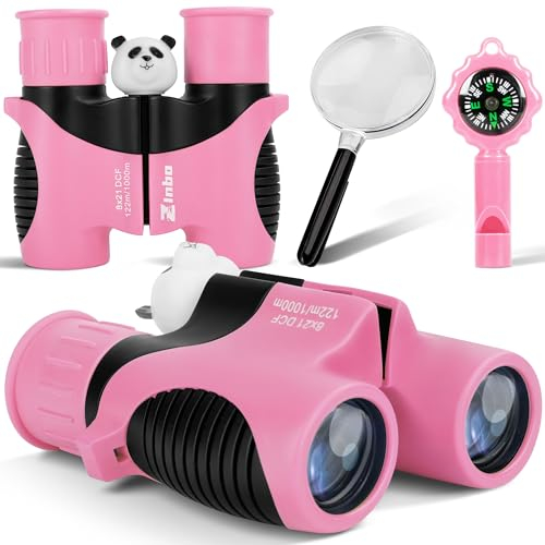 Jumelles pour Enfants 8x21 Haute résolution avec loupe et Boussole sifflet, Jumelles pour Enfants de 3 à 12 Ans, garçons et Filles en Plein air, Voyage, Exploration de la Nature (Rose)