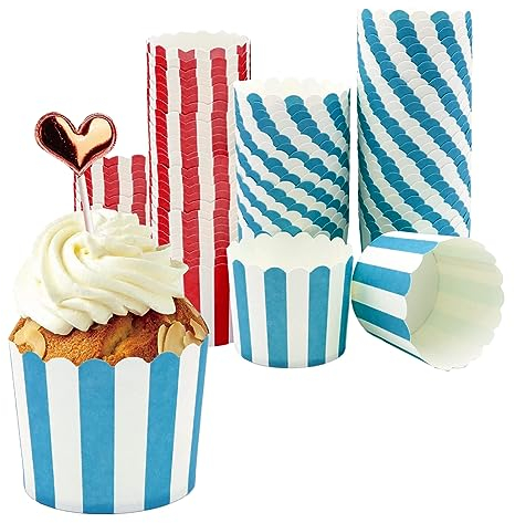 Muffin Papierförmchen, 100 Stück, Rot und Blau Cupcake Wrapper, Muffin Förmchen Papier, für Halloween, Geburtstage, Hochzeiten, Partys (Streifen)